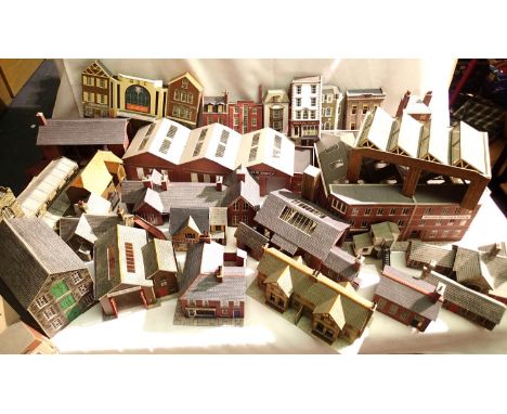 OO scale card buildings, bus depot, houses, shops including low relief, ex layout, may have some damage. P&amp;P Group 1 (£14