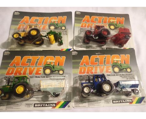 Four Britians action drive tractor and implement set in blister packs in excellent to mint condition, storage wear. P&amp;P G