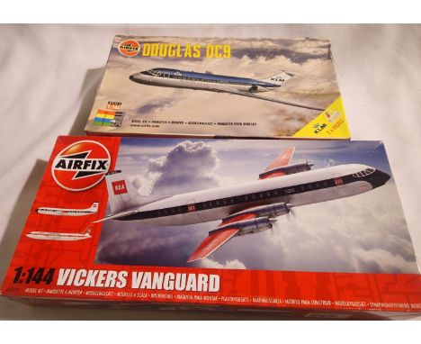 Two Airfix 1/144 scale Airliners Douglas DC 9 - KLM or Iberia decals, Vickers Vanguard - BEA or Invicta decals, contents unch