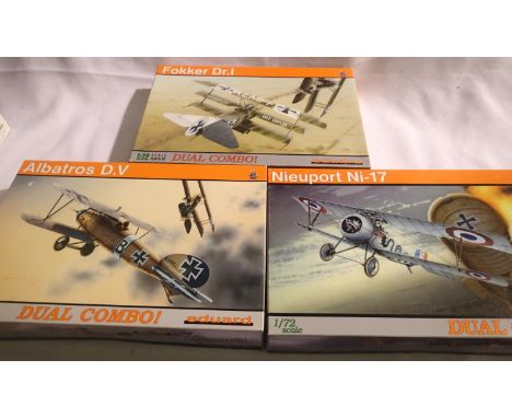 Three Eduard Aircraft kits: 1/72 scale Albatmus DV, Nieport N:17 and Focker DRI, contents unchecked. P&amp;P Group 1 (£14+VAT