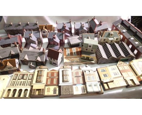 OO scale card buildings, houses, engine shed, shops, plus low relief, mostly in good condition, ex layout, may have some dama