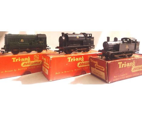 Three OO scale Triang locomotives to include R52 0.6.0 Jinty black, 47606, R153 0.6.0 saddle tank, black, 748 and R152 0.6.0 