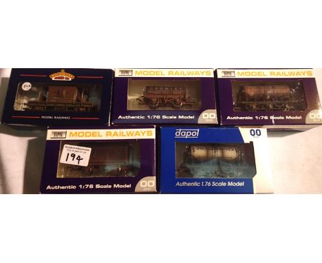 OO scale x5 Dapol assorted wagons including six wheel tankers, salt, brake, all weathered, mostly excellent condition, wear t