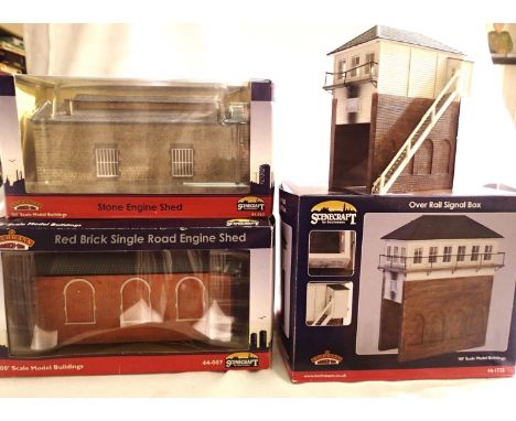 OO scale Bachmann Scenecraft buildings, engine shed, stone, over rail signal box, engine shed, brick (fitted lights), mostly 