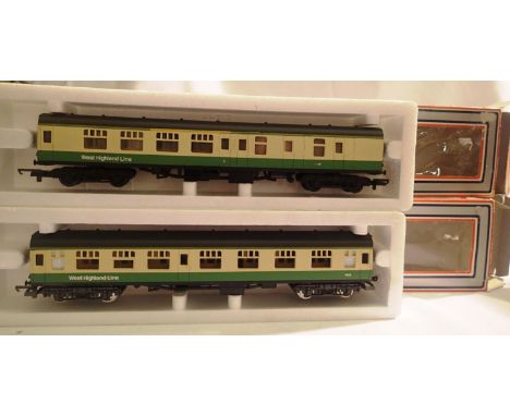 OO scale Lima West Highland Line, green and cream coaches, composite and brake end, both in excellent - near mint condition, 