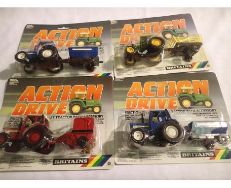 Four Britains action drive tractor and implement in blister pack in excellent to near mint condition, storage wear. P&amp;P G