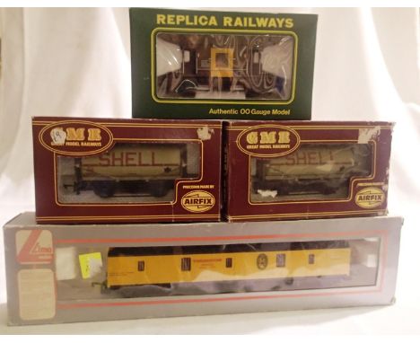 Four OO scale wagons comprising: Airfix Shell tanker x2, Replica 20T brake van, Lima GUV Theakstons, mostly in excellent cond