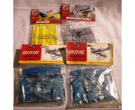 Four Airfix plastic kits: Spitfire x2, Messerschmitt 109, Folland Grat, all 1/72 scale, appear complete, contents unchecked. 