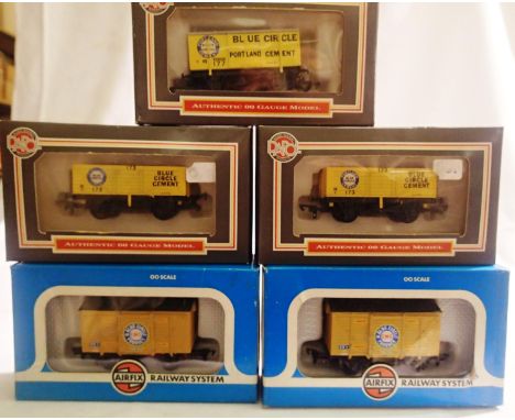 Five OO scale Blue Circle related wagons: Dapol Gun Powder, Dapol seven plank x2, Airfix 12 ton van, mostly excellent conditi