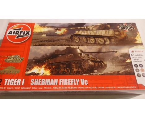 Airfix 1/72 scale Classic Conflict kit comprising Tiger 1 and Sherman Firefly, paints, brushes and glue, contents unchecked. 