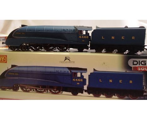 Five OO scale Hornby R2805 Herring Gull blue, LNER 4466, damage to motion work, spares or repair sound untested, no detail pa