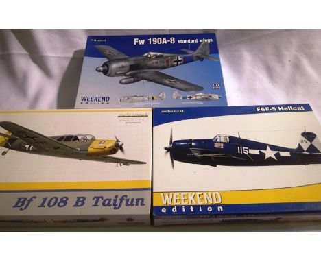 Three Eduard Aircraft kits: 1/48 scale BF 108 Taifun, 1/72 scale Hellcat and FW 190, contents unchecked. P&amp;P Group 1 (£14