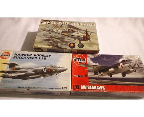 Life like 1/48 scale Gloster Gladiator, Airfix 1/72 scale Buccaneer and Seahawk, contents unchecked. P&amp;P Group 1 (£14+VAT