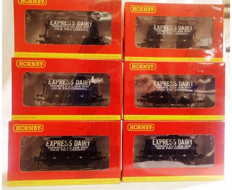 Six Hornby R6378 six wheel milk tankers Express Dairy Blue, near mint, slight storage wear to boxes. P&amp;P Group 1 (£14+VAT