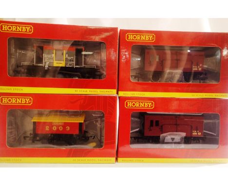 Four Hornby wagons, all appear near mint, slight wear to boxes: R6510 20T brake van, R0458 2009 Hornby wagon, R6537A BR Horse