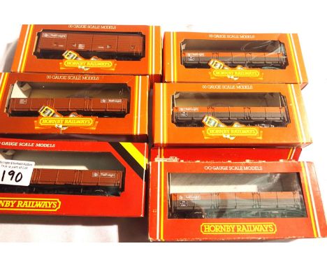 OO scale x6 Hornby Railfreight wagons, including GLW opens, GLW closed van, OAA opens, mostly very good condition, wear to bo