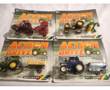 Four Britains action drive tractor and implement set in blister packs in excellent to near mint condition, storage wear. P&am