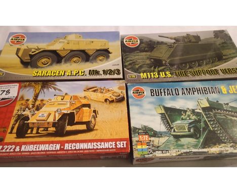 Four Airfix 1/72 scale military related kits, Saracen APC, M113 Fire Support, Kubelwagen, Buffalo Amphibian and Jeep, content