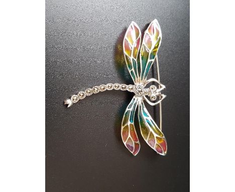 MARCASITE AND ENAMEL DRAGONFLY BROOCHthe wings divided into colourful sections, approximately 5.5cm wide 