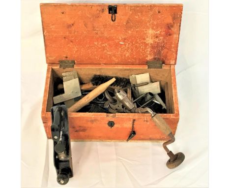 WOODEN TOOL BOXwith a lift up lid revealing a selection of tools, including a plane, braddle, wire brush and many others 