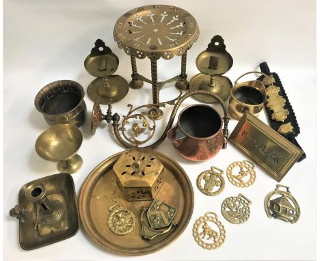 LARGE SELECTION OF BRASS AND COPPER WAREincluding a pierced trivet, engraved name plate 'H. Affleck', horse brasses, shaped g