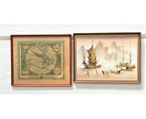 TANGChinese junks, acrylic on board, signed, 43cm x 60cm, together with a print of America, 49.5cm x 60cm (2) 
