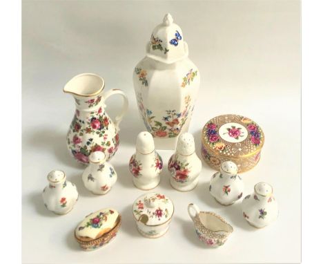 SELECTION OF FLORAL DECORATED CERAMICSincluding an Aynsley hexagonal jar and cover, a Hammersley & Co. condiment set, a Spode