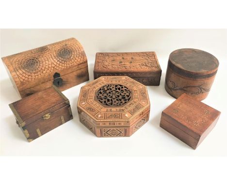 GOOD SELECTION OF SIX WOODEN BOXESincluding a an inlaid octagonal box with pierced central panel to the hinged cover and moth