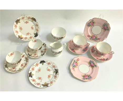 CLAIRE CHINA TEA SERVICEthe pink ground with floral decoration and gilt highlights, comprising six cups and saucers and six c