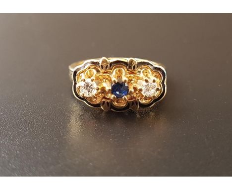 UNUSUAL SAPPHIRE AND DIAMOND THREE STONE RINGthe central sapphire flanked by round brilliant cut diamonds, in shaped and pier