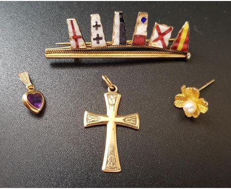 SMALL SELECTION OF NINE CARAT GOLD JEWELLERYcomprising an enamel flag decorated brooch, a cross pendant, a single seed pearl 