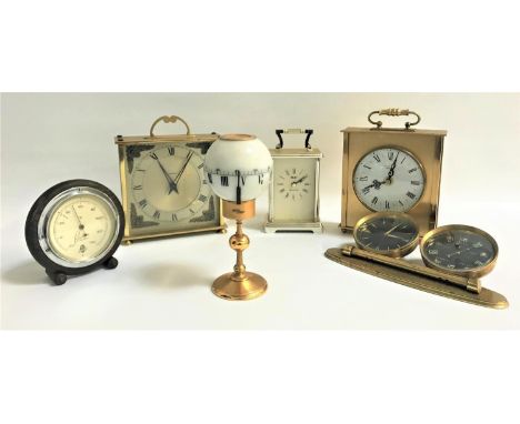 SELECTION OF VARIOUS MANTEL CLOCKS, BAROMETERS AND THERMOMETERSincluding two brass cased, one brass cased double desk clock a