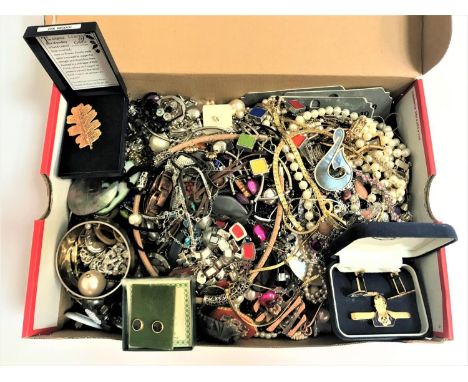 LARGE SELECTION OF COSTUME JEWELLERYincluding a 24ct gold covered leaf brooch, a pair of nephrite jade earrings, a micro-mosa