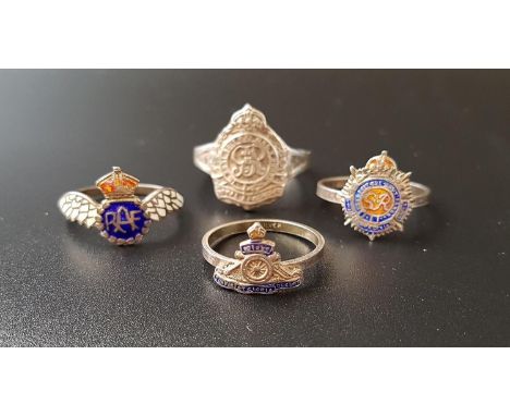 FOUR SILVER SWEETHEART RINGScomprising Royal Artillery, Royal Air Force, Royal Army Service Corps, and Royal Engineers,  (4) 