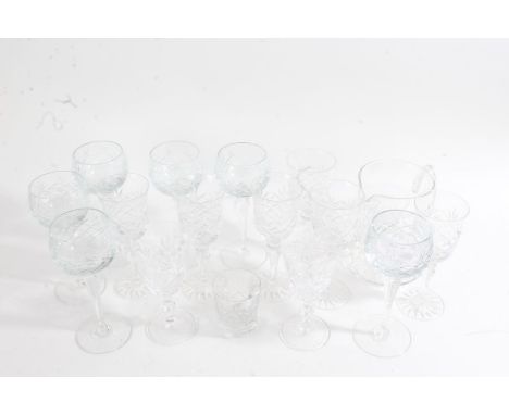 Collection of crystal cut glass table glass ware, to include hock glasses, tumblers, jug, preserve pot with silver spoon etc.