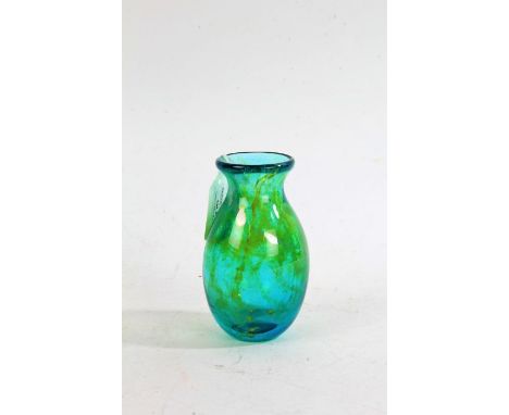 20th Century art glass vase in green with blue and yellow swirls, signed to the base, 12cm high