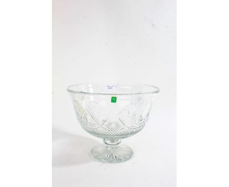 Large Edinburgh crystal glass punch bowl, the flared bowl with hatched decoration, raised on bulbous column and circular foot