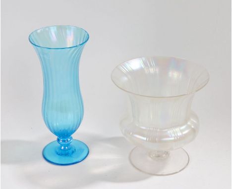 John Walsh Walsh glass blue glass vase,  with gadrooned waisted body, etched mark to foot, 25.5cm high, similar opalescent gl