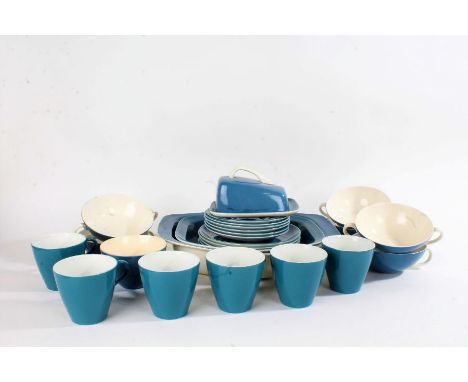 Poole Pottery blue glazed part tea and dinner service, consisting of six cups and saucers, sugar bowl, six soup bowls and pla