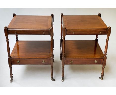 LAMP TABLES, 45cm x 45cm x 60cm H, a pair, George III design yew wood crossbanded each with brushing slide and undertier draw
