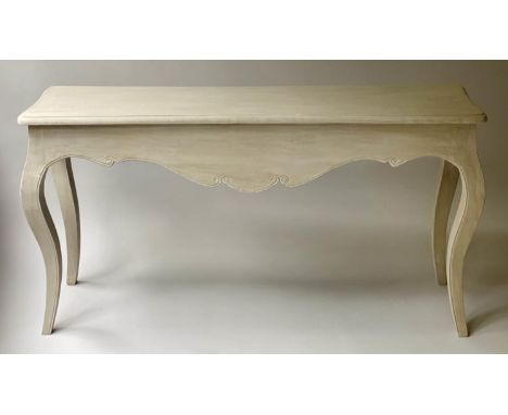 CONSOLE TABLE, French style grey painted with cabriole supports and carved apron, 150cm x 40cm x 80cm H. 