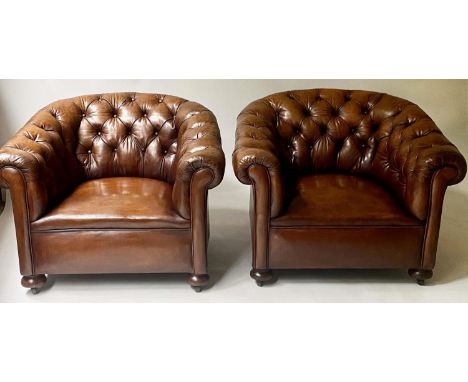CHESTERFIELD CLUB ARMCHAIRS, a pair, early 20th century button upholstered leaf brown leather., 88cm W. (2) 
