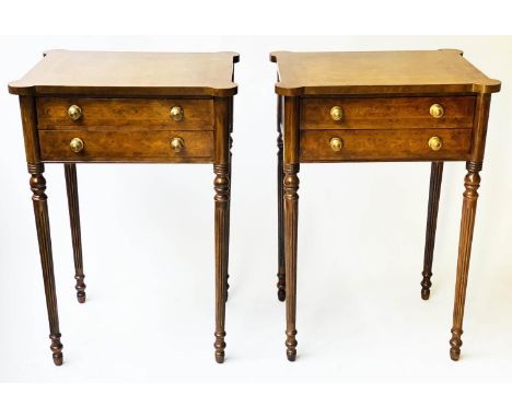 BEDSIDE/LAMP TABLES, 53cm W x 43cm D x 76cm H, a pair, George III design burr walnut and crossbanded each with two drawers an