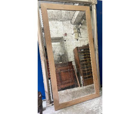 WALL MIRROR, antiqued segmented plate in a light oak frame, 200cm H x 100cm. 