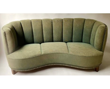 SOFA, Danish Art Deco, mid century ribbed green wool upholstery and studded with enclosing arms, 173cm W. 
