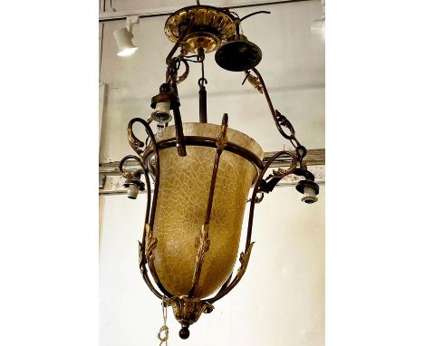 HALL LANTERN, 85cm H, early 20th century, gilt metal, with orange glass shade. 