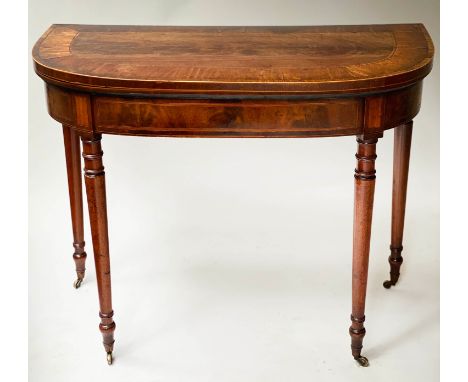 CARD TABLE, George III period flame mahogany D shaped, crossbanded and line inlaid foldover baize lined top, 91cm x 45cm x 73