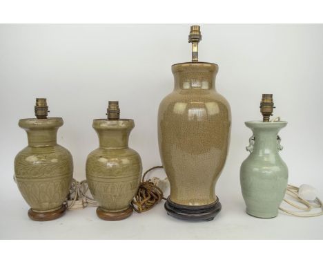 LAMPS, a pair, Asian Celedon along with a under glaze foliate decorated Celedon vase lamp and a craquelure patterned lamp, 48