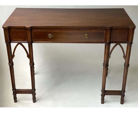 CONSOLE/WRITING TABLE, 19th century mahogany and satinwood crossbanded with frieze drawer and Gothic arch detail, 107cm W x 5