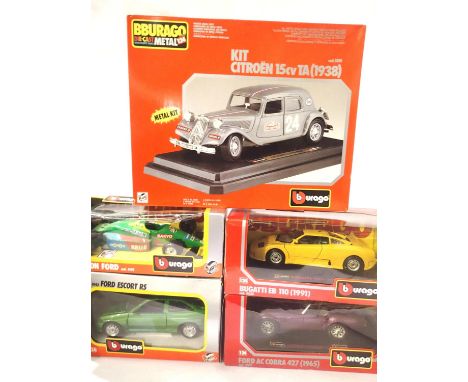 Five 1:24 scale Burago cars including kit built Citroen 15cv, excellent condition, boxed. P&amp;P Group 2 (£18+VAT for the fi